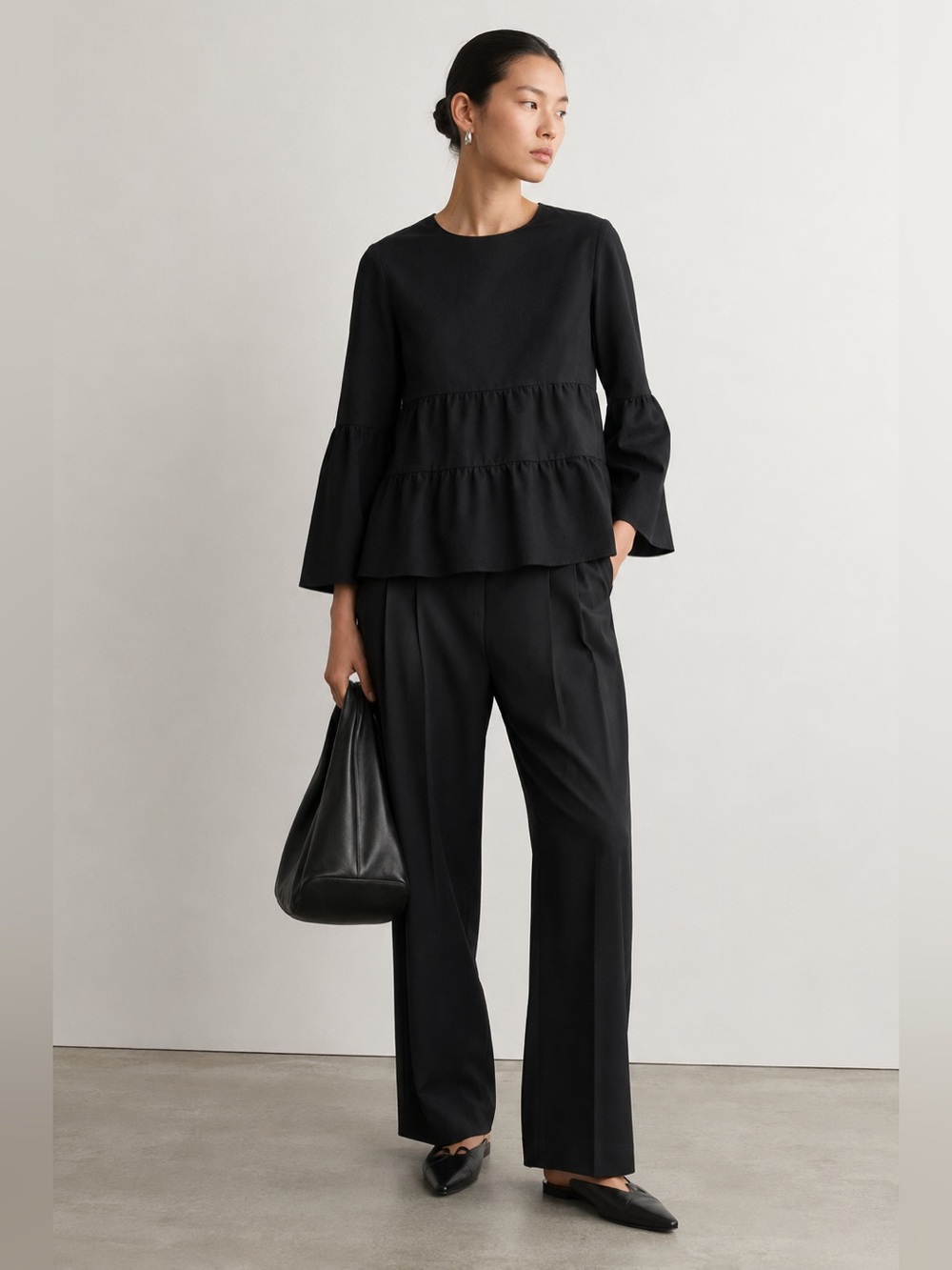 COS Black Tiered Wool Peplum Blouse Size 2